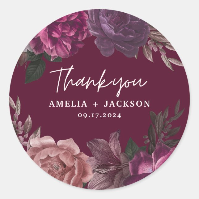 Dark moody burgundy & blush floral Wedding  Classic Round Sticker (Front)