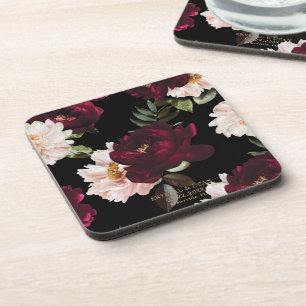 Dark Moody Burgundy Blush Floral Wedding Favor Beverage Coaster