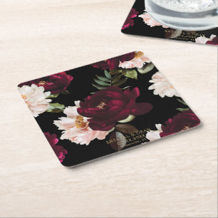 Dark Moody Burgundy Blush Floral Wedding Favor Square Paper Coaster