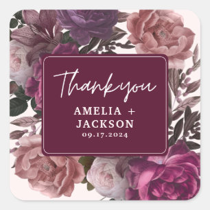 Dark moody burgundy & blush floral Wedding  Square Sticker