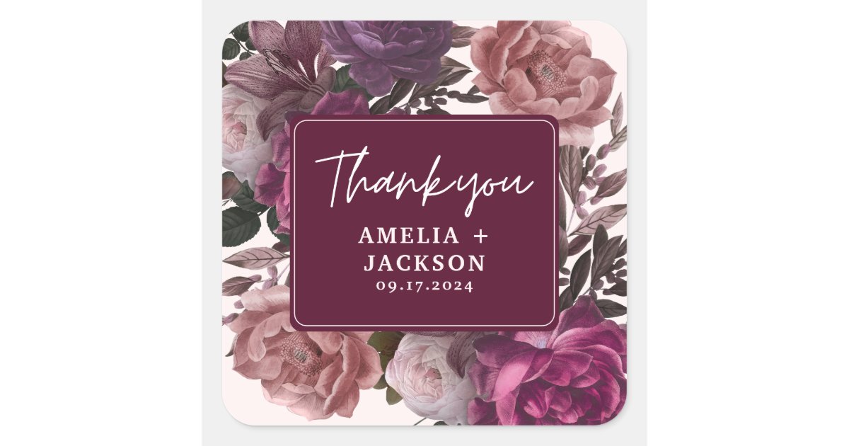 Dark moody burgundy & blush floral Wedding Square Sticker | Zazzle