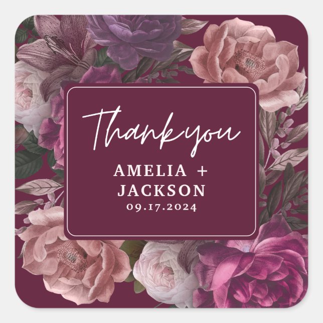 Dark moody burgundy & blush floral Wedding  Square Sticker (Front)