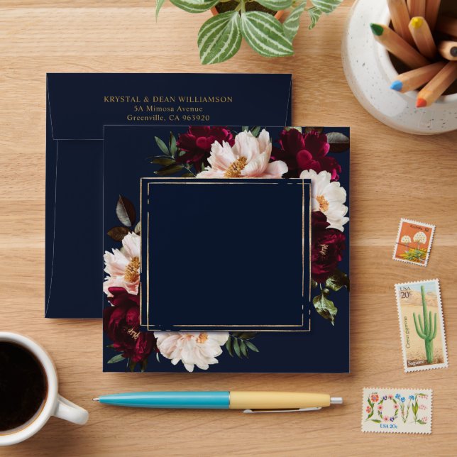 Dark Moody Burgundy Blush Navy Blue Floral Wedding Envelope (Desk)