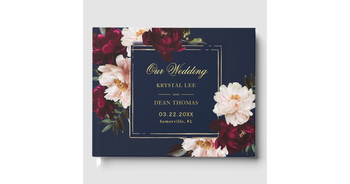 Dark Moody Burgundy Blush Navy Blue Floral Wedding Foil Guest Book | Zazzle