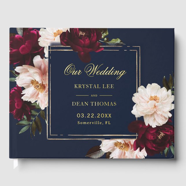 Dark Moody Burgundy Blush Navy Blue Floral Wedding Foil Guest Book (Front)