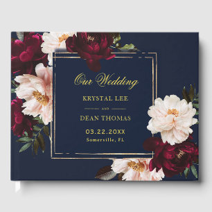 Dark Moody Burgundy Blush Navy Blue Floral Wedding Foil Guest Book