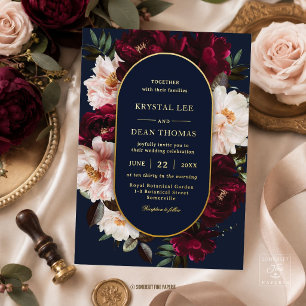 Dark Moody Burgundy Blush Navy Blue Floral Wedding Foil Invitation