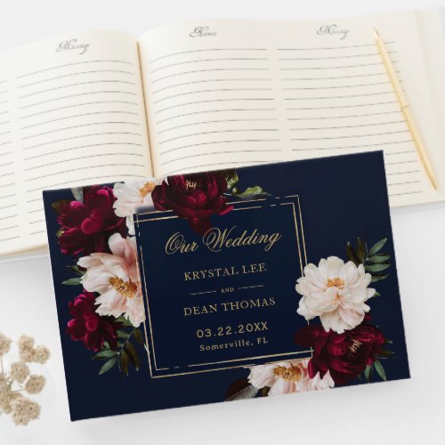 Dark Moody Burgundy Blush Navy Blue Floral Wedding Guest Book