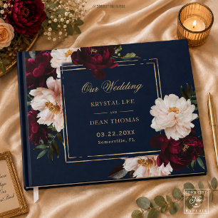 Dark Moody Burgundy Blush Navy Blue Floral Wedding Guest Book