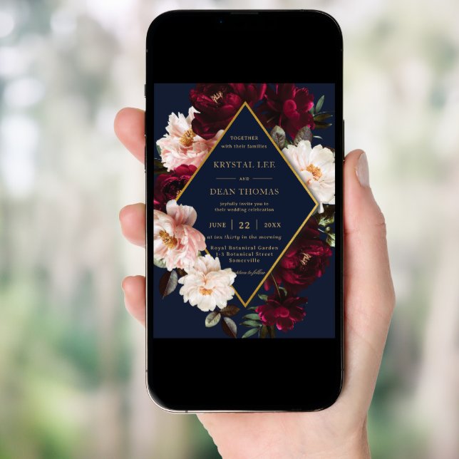 Dark Moody Burgundy Blush Navy Blue Floral Wedding Invitation (Front Digital)