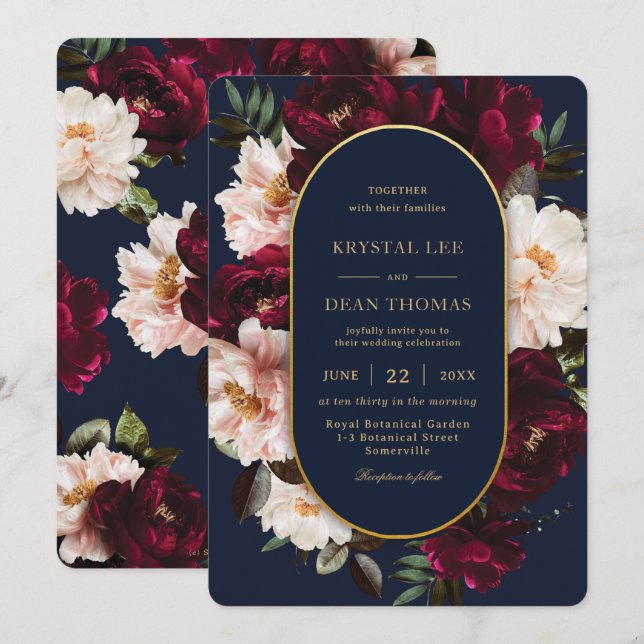 Dark Moody Burgundy Blush Navy Blue Floral Wedding Invitation (Front/Back)