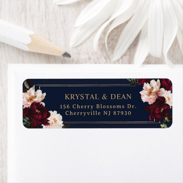 Dark Moody Burgundy Blush Navy Blue Floral Wedding Label (Insitu)