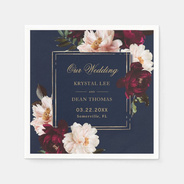 Dark Moody Burgundy Blush Navy Blue Floral Wedding Napkins (Front)