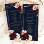 Dark Moody Burgundy Blush Navy Blue Floral Wedding Program<br><div class="desc">Personalize this elegant wedding slim program card easily and quickly. Simply click the Edit Using Design Tools button to edit the text, change font style, color and size. Featuring beautiful realistic burgundy, blush peony flowers against a dark navy blue background. Personalize this double sided program card with your order of...</div>