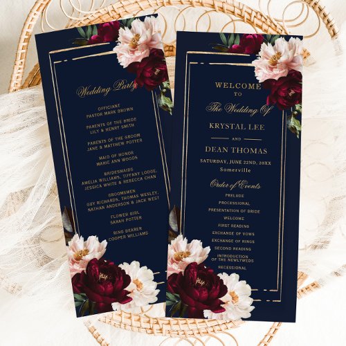 Dark Moody Burgundy Blush Navy Blue Floral Wedding Program