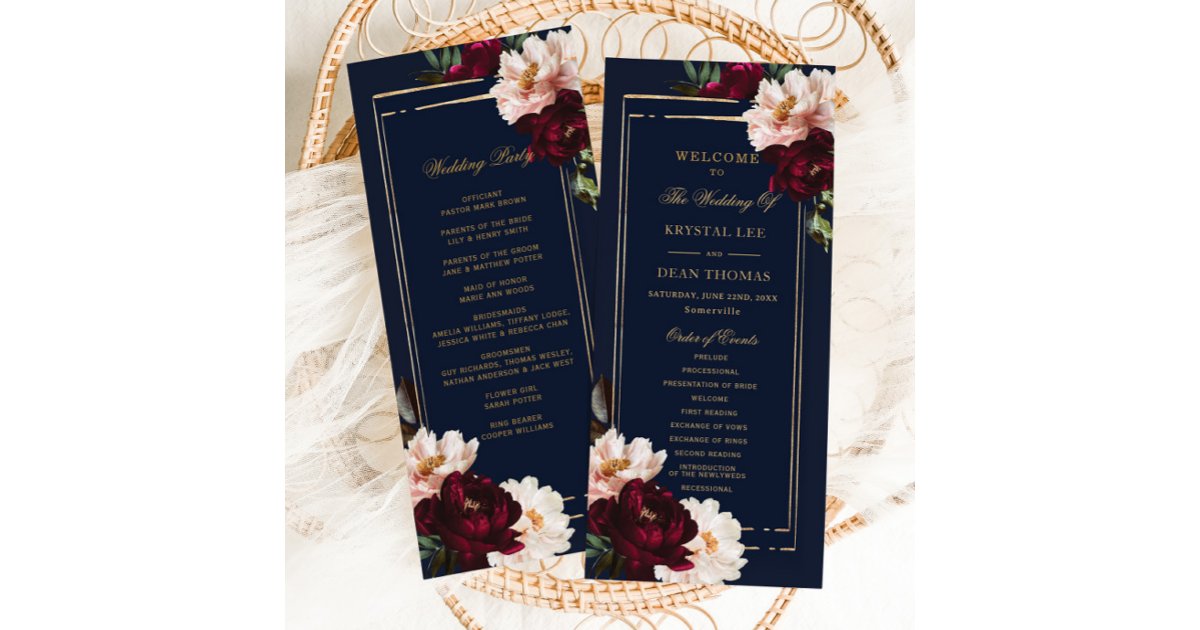 Dark Moody Burgundy Blush Navy Blue Floral Wedding Program | Zazzle