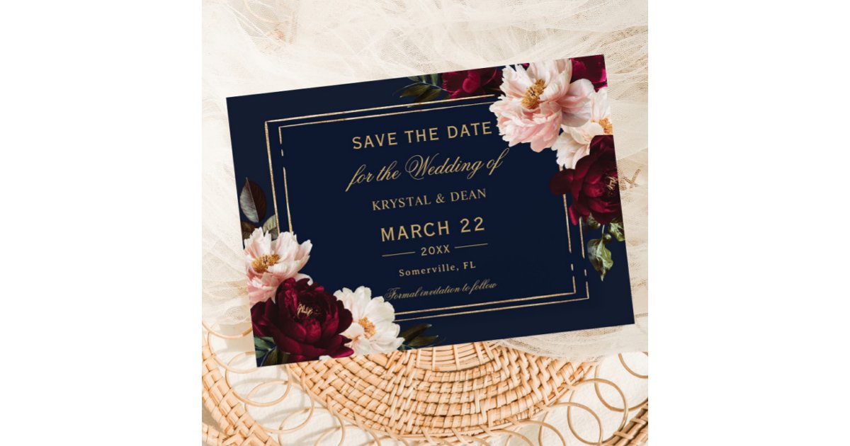 Dark Moody Burgundy Blush Navy Blue Floral Wedding Save The Date | Zazzle