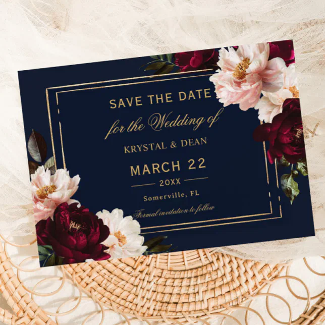 Dark Moody Burgundy Blush Navy Blue Floral Wedding Save The Date | Zazzle