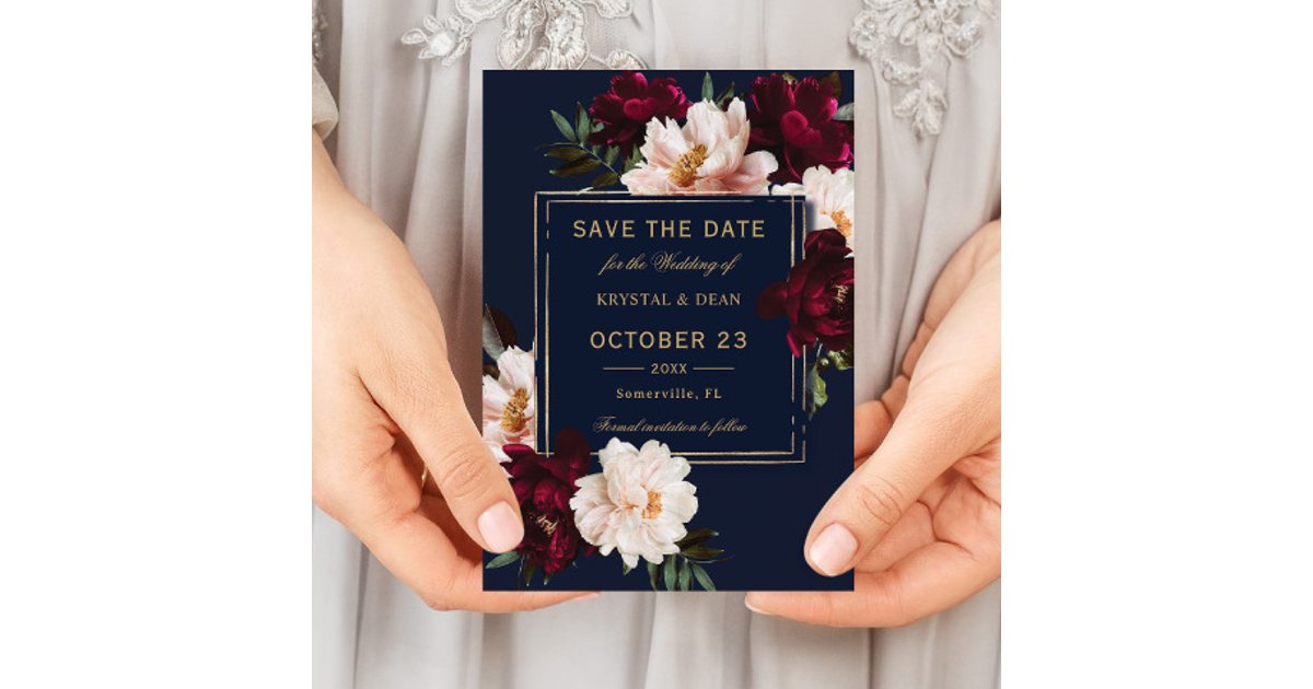 Dark Moody Burgundy Blush Navy Blue Floral Wedding Save The Date | Zazzle