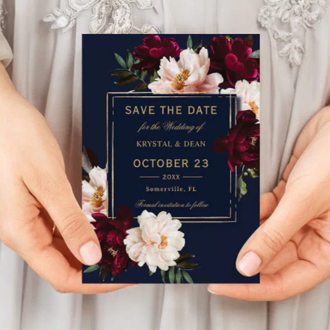 Dark Moody Burgundy Blush Navy Blue Floral Wedding Save The Date | Zazzle