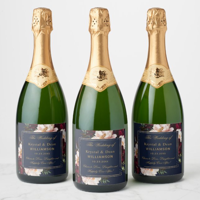 Dark Moody Burgundy Blush Navy Blue Floral Wedding Sparkling Wine Label (Bottles)