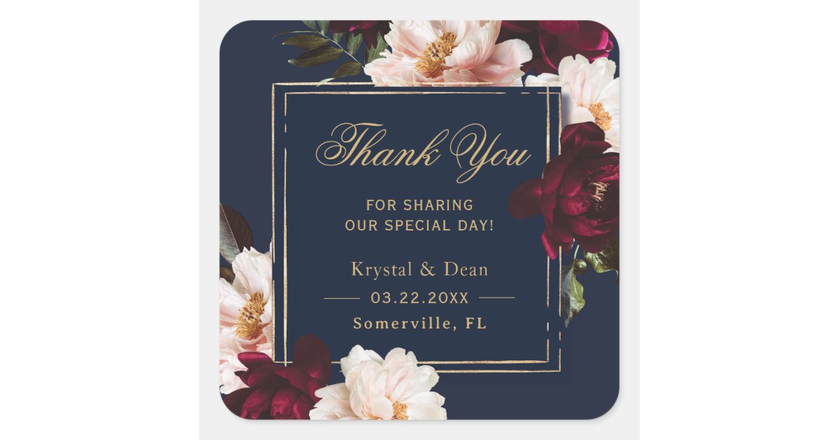 Dark Moody Burgundy Blush Navy Blue Floral Wedding Square Sticker | Zazzle