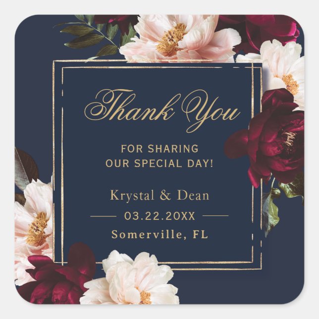 Dark Moody Burgundy Blush Navy Blue Floral Wedding Square Sticker (Front)