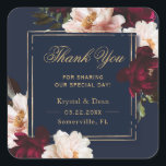 Dark Moody Burgundy Blush Navy Blue Floral Wedding Square Sticker<br><div class="desc">Personalize these elegant wedding favor stickers easily and quickly. Simply click the Edit Using Design Tools button to edit the text,  change fonts and fonts colors. Featuring beautiful realistic burgundy,  blush peony flowers against a dark navy blue background. Matching items available in store. (c) Somerset Fine Paperie</div>