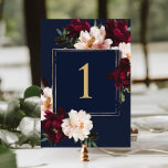 Dark Moody Burgundy Blush Navy Blue Floral Wedding Table Number<br><div class="desc">Personalize this elegant wedding table number easily and quickly. Simply click the Edit Using Design Tools button to edit the text,  change fonts and fonts colors. Featuring beautiful realistic burgundy,  blush peony flowers against a dark navy blue background. Matching items available in store. (c) Somerset Fine Paperie</div>