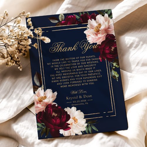 Dark Moody Burgundy Blush Navy Blue Floral Wedding Thank You Card