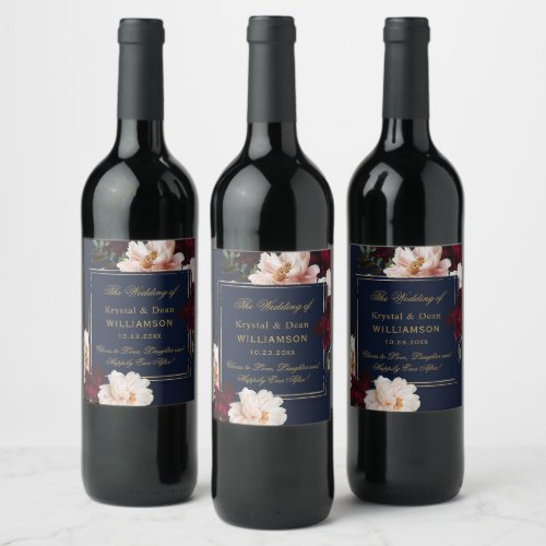 Dark Moody Burgundy Blush Navy Blue Floral Wedding Wine Label
