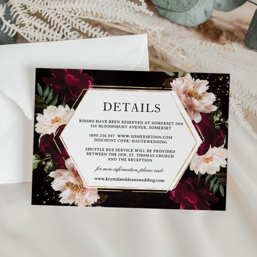 Dark Moody Burgundy Blush Peonies Floral Wedding  Enclosure Card