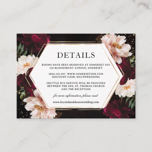 Dark Moody Burgundy Blush Peonies Floral Wedding  Enclosure Card