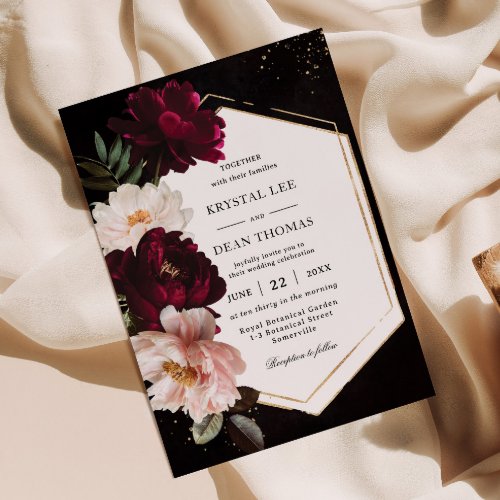 Dark Moody Burgundy Blush Peonies Floral Wedding Invitation