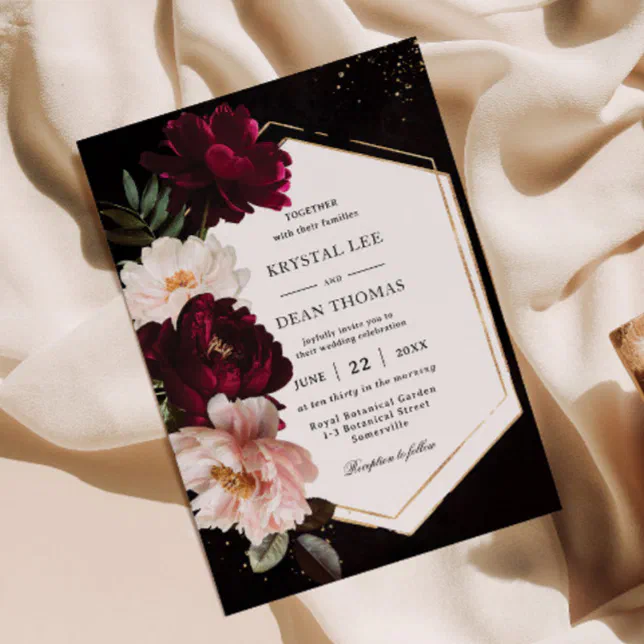 Dark Moody Burgundy Blush Peonies Floral Wedding Invitation | Zazzle