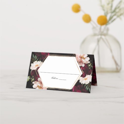 Dark Moody Burgundy Blush Peonies Floral Wedding Place Card