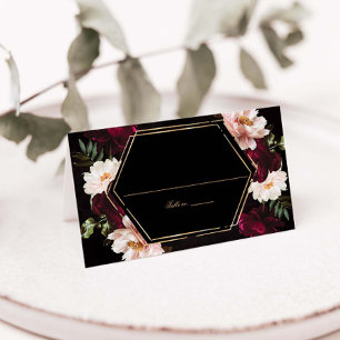 Dark Moody Burgundy Blush Peonies Floral Wedding Place Card