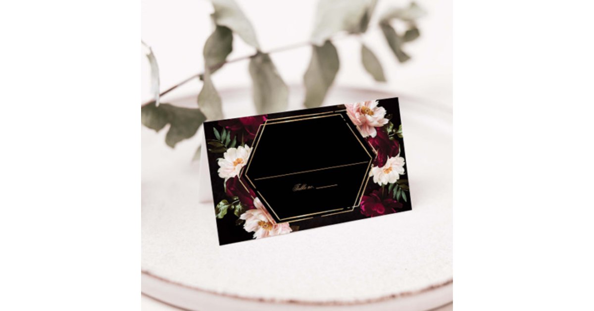 Dark Moody Burgundy Blush Peonies Floral Wedding Place Card | Zazzle