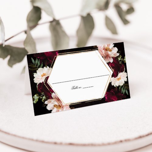 Dark Moody Burgundy Blush Peonies Floral Wedding Place Card