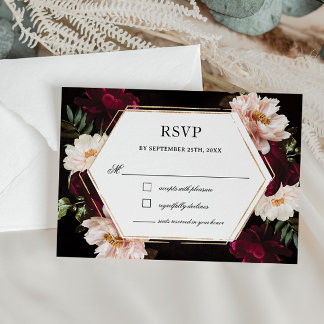 Dark Moody Burgundy Blush Peonies Floral Wedding RSVP Card