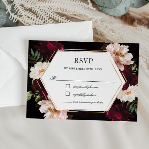 Dark Moody Burgundy Blush Peonies Floral Wedding RSVP Card