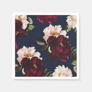 Dark Moody Burgundy Blush Peony Floral Navy Blue Napkins
