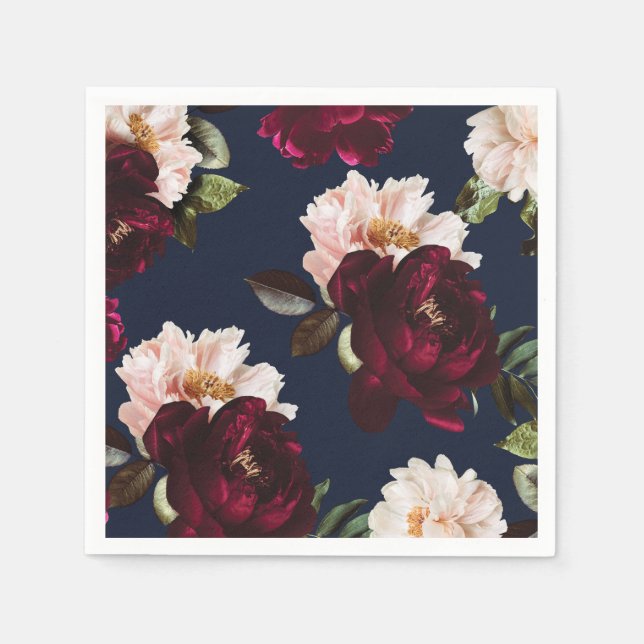 Dark Moody Burgundy Blush Peony Floral Navy Blue Napkins (Front)