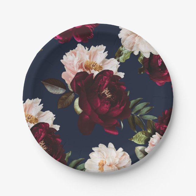 Dark Moody Burgundy Blush Peony Floral Navy Blue Paper Plates (Front)