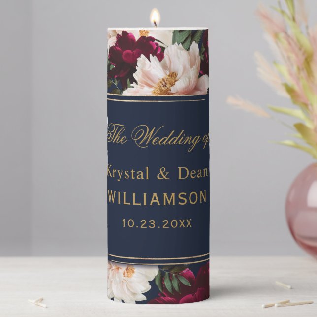 Dark Moody Burgundy Blush Peony Floral Wedding Pillar Candle (In Situ)