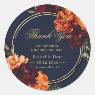 Dark Moody Burgundy Burnt Orange Floral Wedding Classic Round Sticker