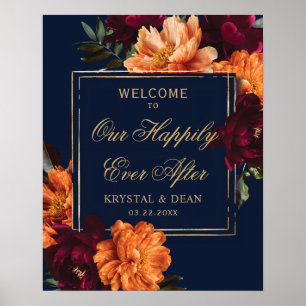 Dark Moody Burgundy Burnt Orange Floral Wedding Poster