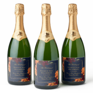 Dark Moody Burgundy Burnt Orange Floral Wedding Sparkling Wine Label