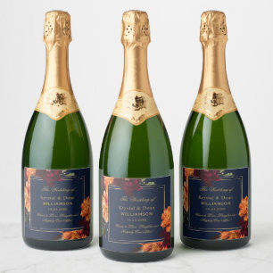 Dark Moody Burgundy Burnt Orange Floral Wedding Sparkling Wine Label