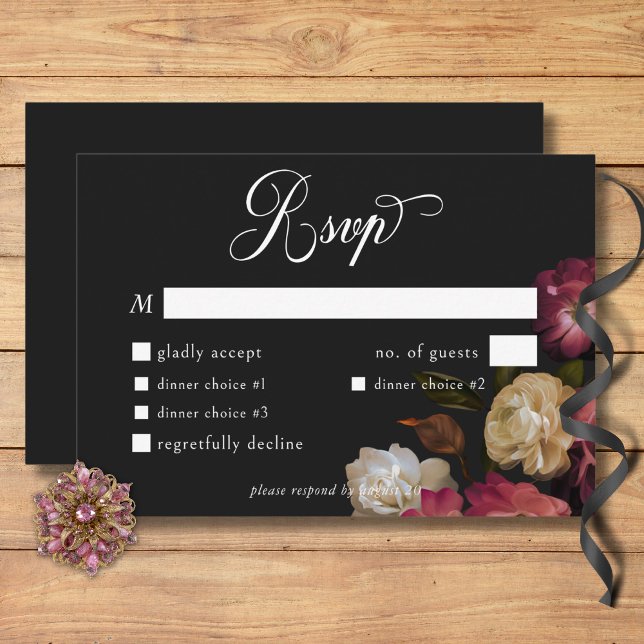 Dark Moody Burgundy & Cream Peonies Black Dinner RSVP Card (Dark Moody Burgundy & Cream Peonies Black Dinner RSVP Card)